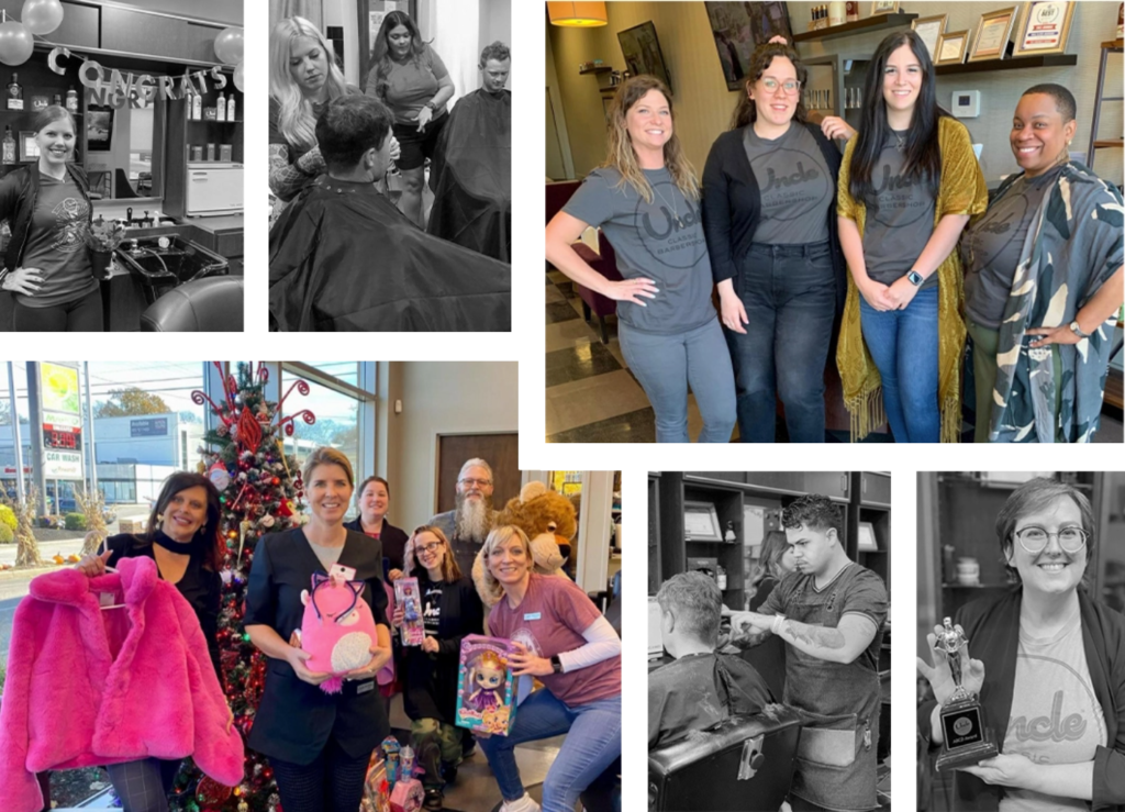 Collage of smiling team members for Uncle Classic Barbershop, with 4 images in black and white and 2 in color