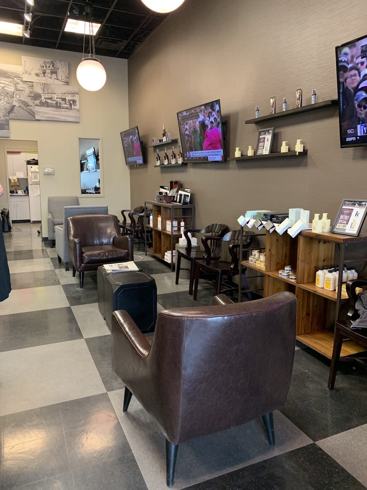 Interior of the Brentwood location for Uncle Classic Barbershop